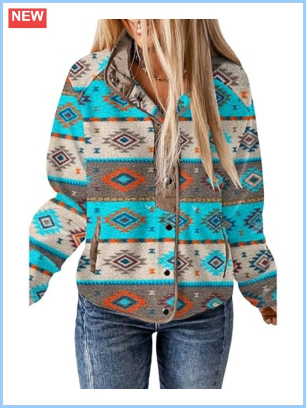 Womens Aztec Print Fleece Snap Button Casual Jacket